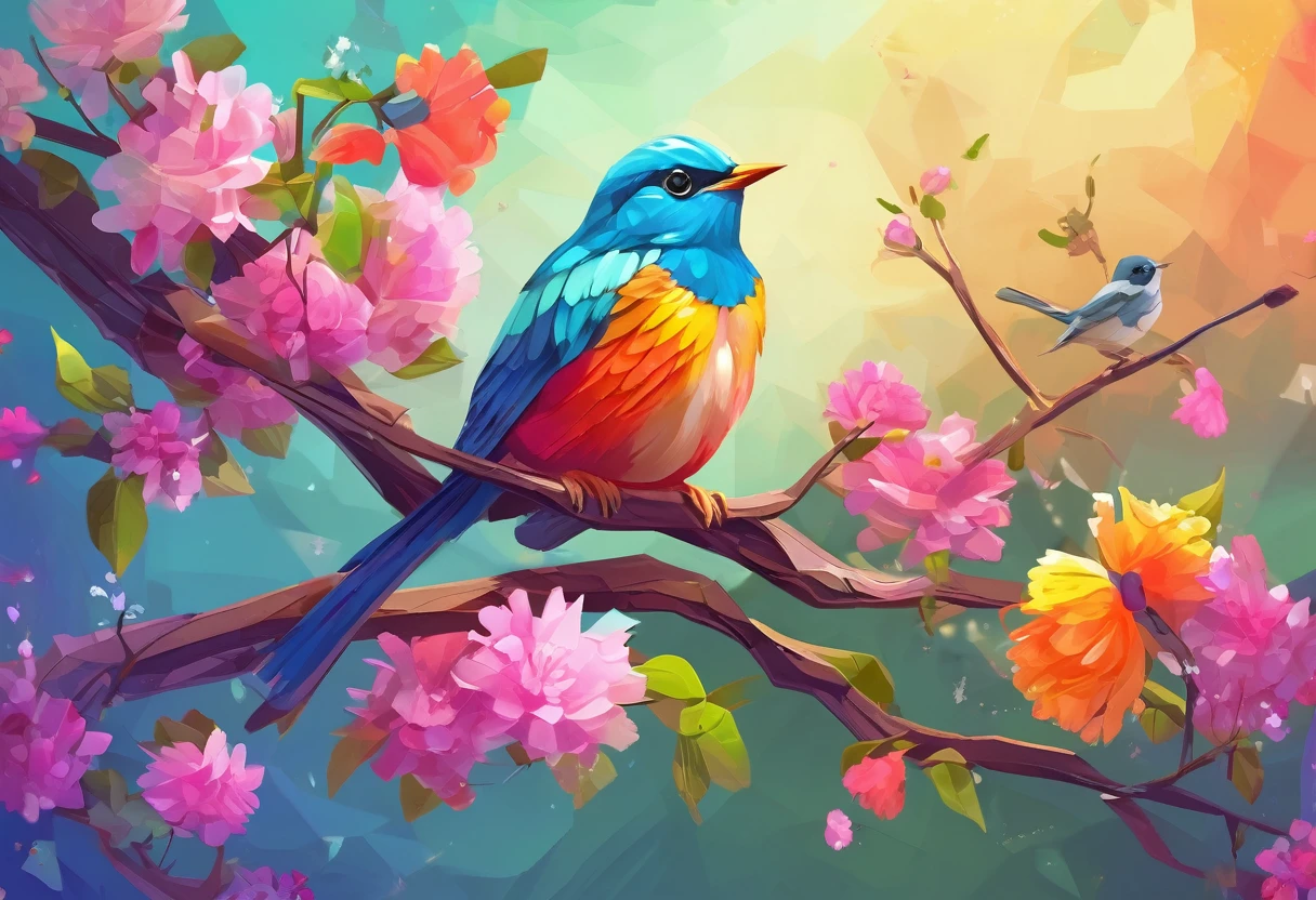 brightly colored bird sitting on branch of tree with flowers, digital painting highly detailed, colorful concept art, highly detailed digital painting, adorable digital painting, beautiful digital artwork, colorful birds, beautiful digital painting, super detailed color lowpoly art, beautiful digital art, cute detailed digital art, high quality digital painting, 8k high quality detailed art, colorful digital painting