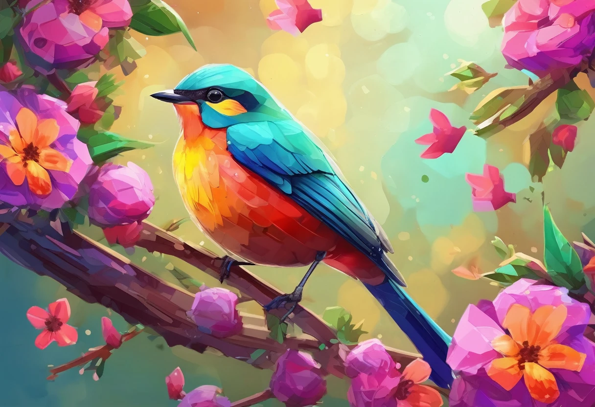 brightly colored bird sitting on branch of tree with flowers, digital painting highly detailed, colorful concept art, highly detailed digital painting, adorable digital painting, beautiful digital artwork, colorful birds, beautiful digital painting, super detailed color lowpoly art, beautiful digital art, cute detailed digital art, high quality digital painting, 8k high quality detailed art, colorful digital painting