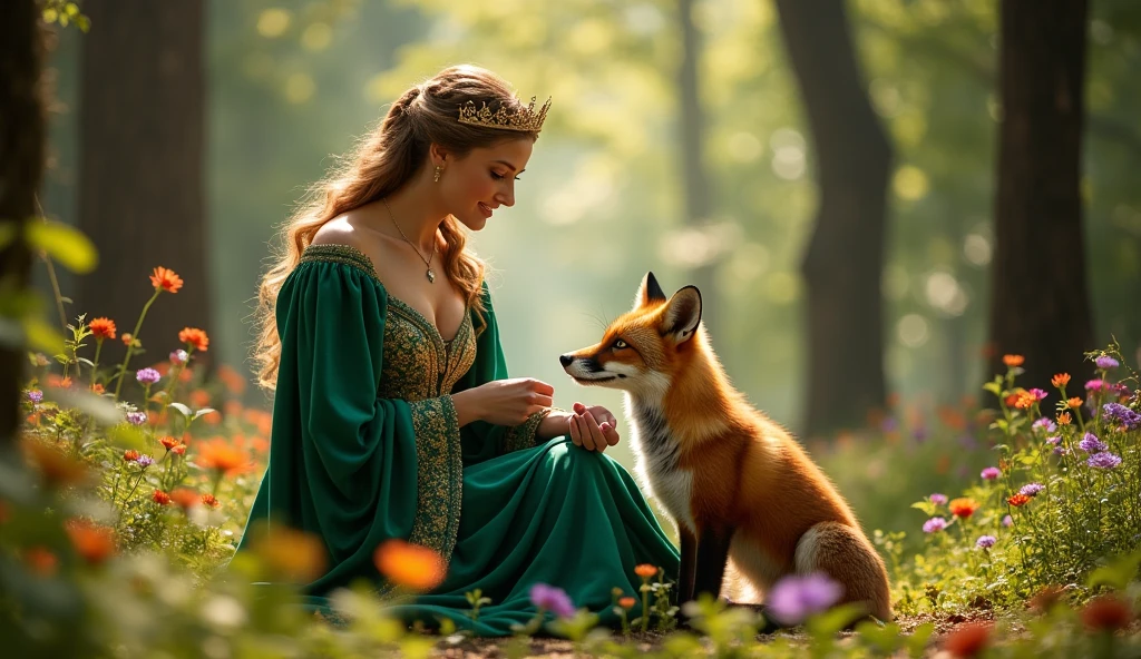 The queen and the wounded fox in the forest