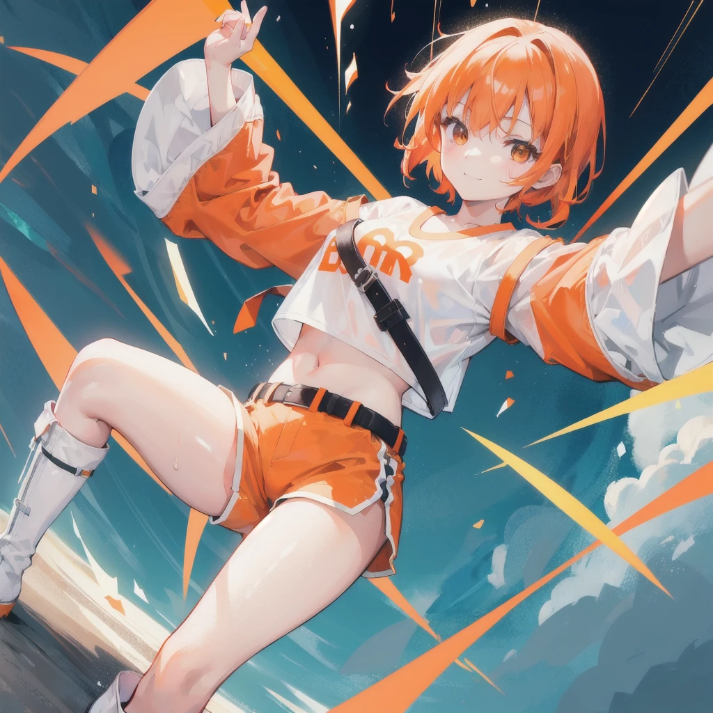 1 girl. short dark orange twin ponytailed hair, orange smiling eyes, wearing white long sleeve crop top, color green shorts and white belt, white high boots, playing in the rain, high res, ultrasharp, 8k, masterpiece