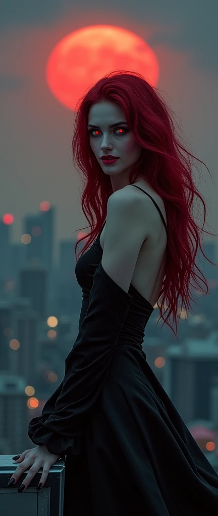 A young and beautiful female vampire，Standing on the roof of an apartment building，Smile，Arms down，Hands forward，Fingers open，Dark red hair，Extremely pale skin，Red eyes，Wearing underwear，Blood Moon，city View，Dark Sky，Wind Blow，Medium shot，best quality，masterpiece