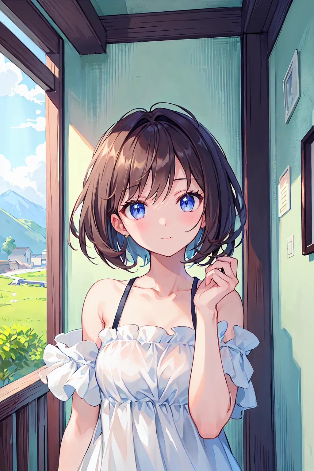 masterpiece, Highest quality, One Girl, beautiful girl,Upper body,,short hair, , , Casual clothing, Frills, Plein Air、Inside the room、relax、Drink coffee、Focus on the face、The viewer is the viewer's gaze,Brown Hair,Messy Hair,Slender beauty,Beautiful feet,A charming smile,Neat and clean sister
