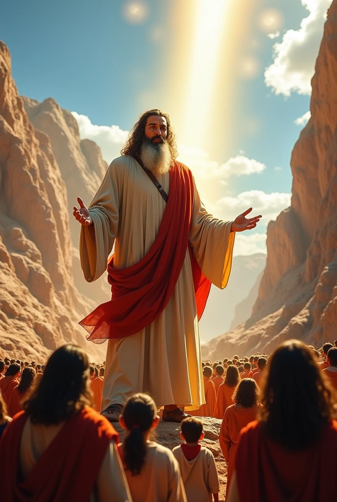 (Photorealism:1.2), Great Leader Moses, Meeting God at Mount Sinai, Enlarged upper body,
There's a glow on that face., face enlargement. The sun shines on his face from the sky, Moses the leader speaking before the people. The people surround Moses.