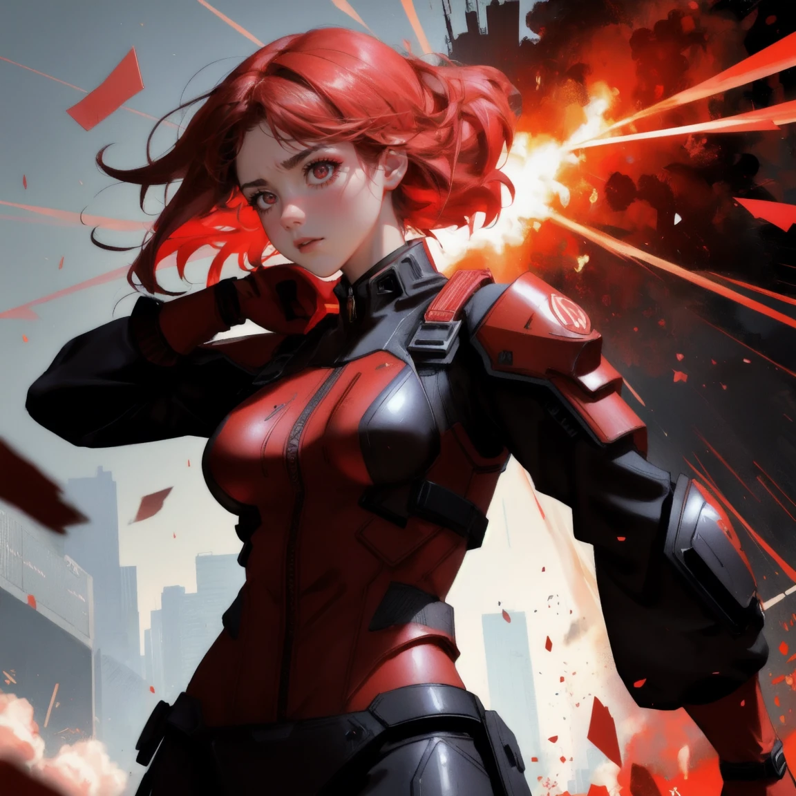 red-themed intense scene with a girl and an ape character. Both characters display emotions of shock and awe, with wide eyes and dramatic body language. The background includes explosions, flying debris, and digital code, creating a chaotic and high-energy atmosphere.