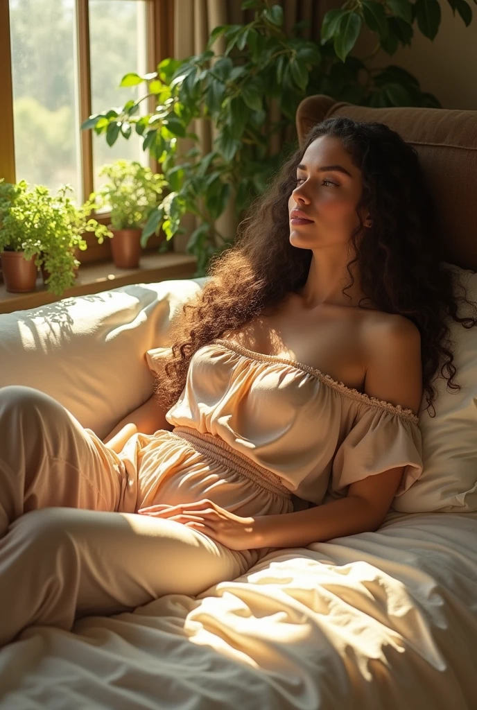 (photorealism:1.2), beautiful woman, sitting on bed, wearing loose off-shoulder top, pajama pants, long curly hair, indoors, soft lighting, plants in background, window with sunlight, cozy room, relaxed pose, realistic, intricate details, warm colors, by Greg Rutkowski, by Alphonse Mucha