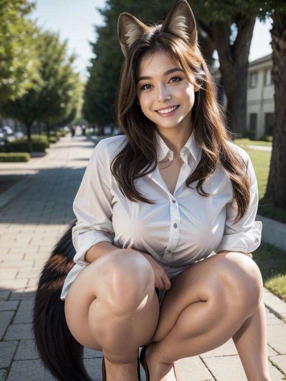 ((Highest quality, 8k)), ((masterpiece)), (Highest Resolution), Perfect Face, Fox Woman, Female college student, Beautiful woman, Outdoor, Only one tail, she has thick thighs, Her large tail, She has a brown fox tail., She wags her tail, Smiling with teeth showing, Fur collar, She is wearing a business shirt, Plump Breasts, Beautiful Hips , Fox tail sticking out from business pants