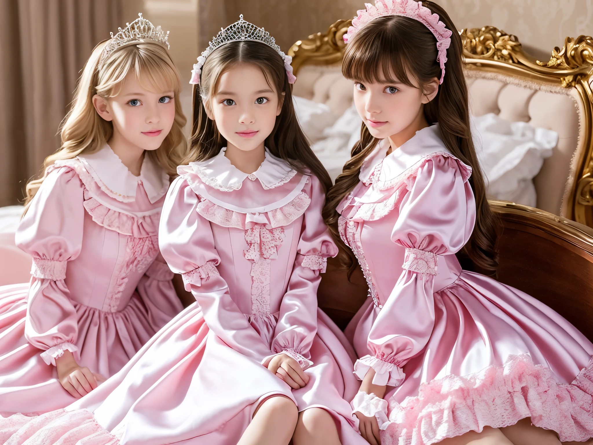 ,highest quality, masterpiece, highest resolution, artwork, super それにget used to it, many get used to it, get used to it, それにget used to it, 3k realistic pictures,,(( girls)),Ultra-detailed juvenile face,three are princesses,full length ball gown dress with hoop skirt,ruffled yoke collar,puff sleeves,long sleeve,((Lolita style hot pink detailed princess satin dress with lots of ruffles and ribbons)),Rococo style lolita fashion,shiny satin dress,Soft and smooth fabric,luxury,long blonde hair,blue eyes,white skin european,Pajama,((in the bedroom)),luxury princess canopy frilled bed,super detailed bed,they are lying on the bed,High-quality background,