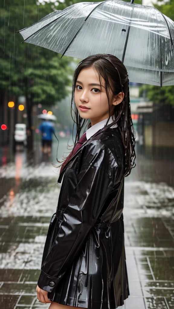 (Highest quality, 4K, masterpiece :1.Beautiful woman, 1 person, (, Attractive body :1.2), Dark brown hair: 1.1, ((Wet from rain, Wet by rain, Wet :1.2)), Highly detailed face, Detailed lips, Delicate eyes, double eyelid, 、school uniform,白いLarge umbrellaさして、Evening in the city、Large umbrella