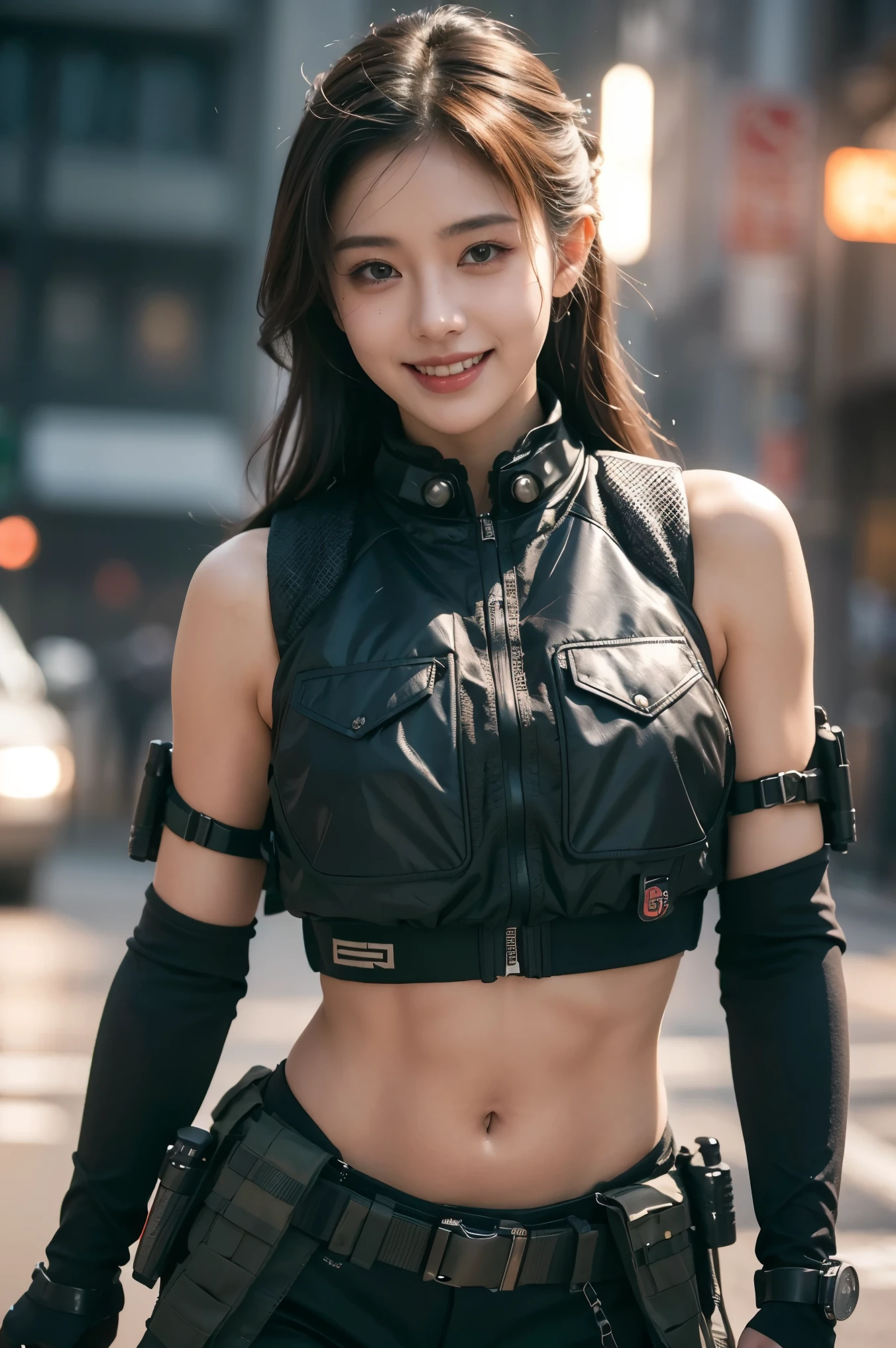 a beautiful girl , Tactical Vest,Bulletproof vests,Goggles,Holding a gun,fully armed,Navel, cinematic lighting, masterpiece, anatomically correct, hyperrealistic, detailed skin texture, best quality, award-winning, 4K, super detailed, cowboy shot, light smile