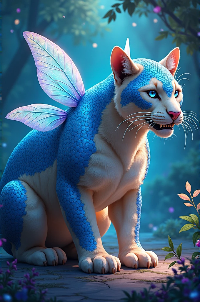 : A panther with the top of its head and back made out of blue hexagonal scaled armor, cream closured fur and, long teeth and dragonfly like wings that are proportionate to his body and are generally kept folded. these wings are in v position and the pointy joint is near its neck
In anime style