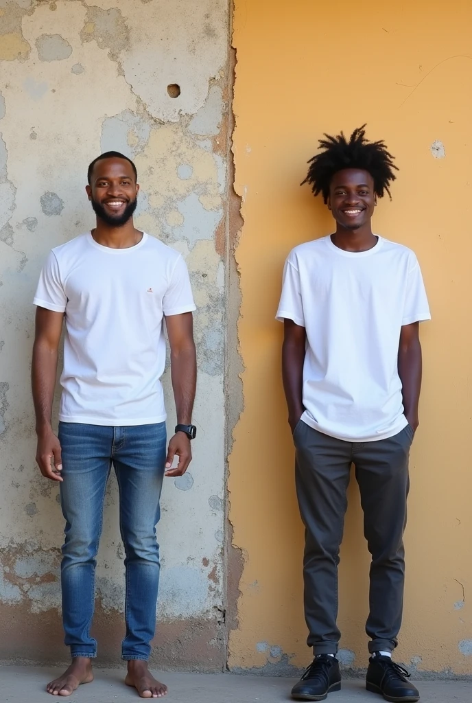 Create a split-image of the same light skinned 21 years old Ethiopian man shown side by side against a messed up wall as a background to illustrate a before and after transformation. In the 'before' image on the left, depict the man as shorter and wearing a plain white T-shirt and jeans. In the 'after' image on the right, show the same man taller, with no change in physique, wearing the same white T-shirt but with casual pants instead. Both images should have the man smiling and looking directly at the camera, with a noticeable difference in height and little difference on presence. The background should be the same for both pictures and minimalist with natural lighting, highlighting the transformation. Make the picture realistic