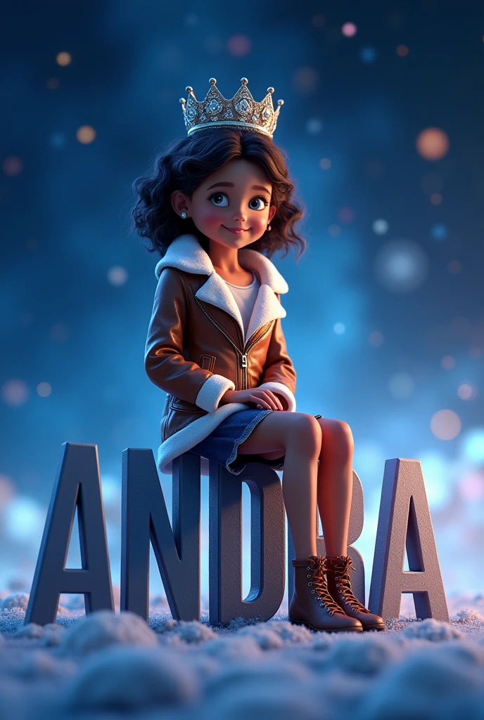 3D Animated of Beautiful girl seating on text "ANDREA" with Crown . Wearing Brown and white jacket . the background is blue outer space