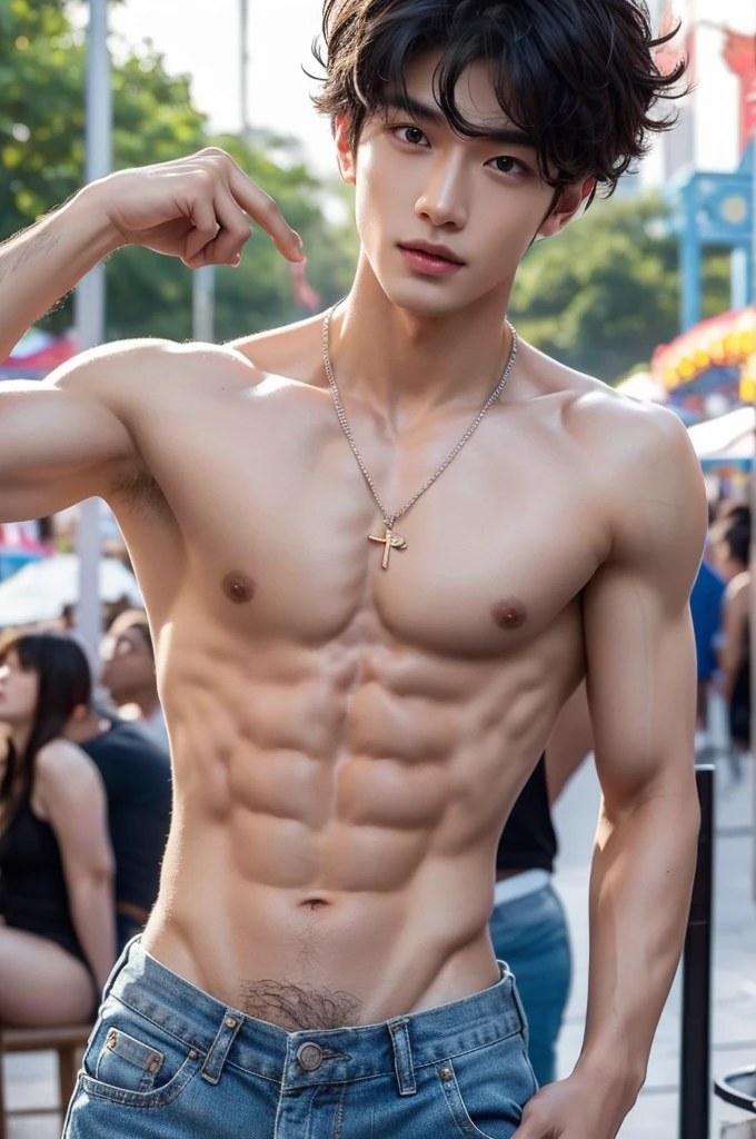 Crowded amusement park, amusement park light, crowded people, Very dirty Stain in his thong, Shaved armpits, Very detailed finger, don't merge body, Very young boy, ager boy, (photorealistic, masterpiece, best quality), white pale skin, muscular man, hunk, charming, attractive, wearing necklace in his neck, completely naked , Realistic, fully naked, nude, perfect , male , modeling for a photoshoot, editorial style, handsome man, detailed face, Very crowded classroom, Topless, shirtless, boy, very young boy, Cinematic soft lighting illuminates a stunningly detailed and ultra-realistic handsome korean male supermodel, ultra messy short curly hair, clear honey eyes, captivating perfect smile, sensual, hot man, insanely handsome, showing off his sweaty body, very sixpack muscular body build, slender, toned, full body, 8k, photography, masterpiece, detailed face, detailed eyes, detailed hands, in the crowded festival showing off his shaved armpits, only wearing very thin micro thong with big hard bulge, very wet body, very sweaty body, amusement park background, amusement park scenery, wearing thin thong