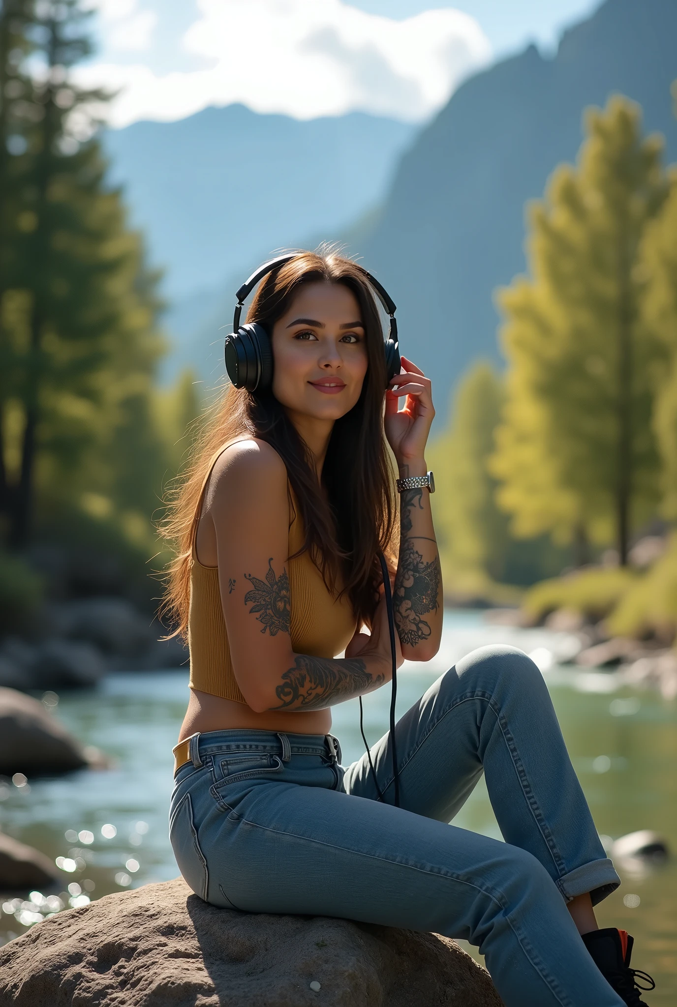 Best quality, masterpiece, Beautiful, young persian woman, she wears a headphone and is enjoying the music . looking straight at viewer wearing long jeans and half sleeve top, river and mountain landsape, sitting on rock, . age, detailed face, detailed body, symmetric face, cute face, dynamic pose, perfect anatomy, tattoed hands, photorealistic, soft slim belly, curvy body, braid hair, 8k, ultra realistic, detailed background, nature, god rays, ambient occlusion