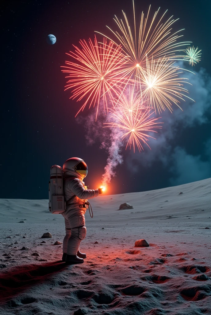 An astronaut holding a flare while launching fireworks, with the colorful bursts lighting up the dark lunar sky