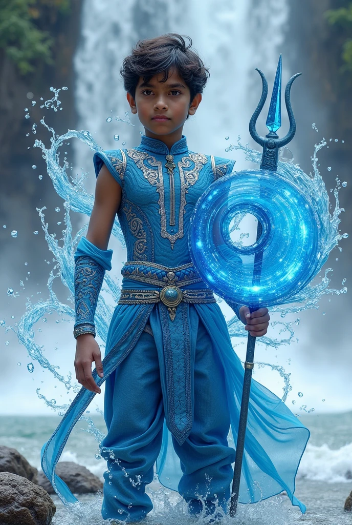 "Create an image of an Indian superhero boy with the power of water. The superhero should be dressed in a traditional yet modernized Indian attire, with elements like flowing water integrated into the design, such as water swirling around their arms or forming a protective shield. Their outfit should have shades of blue and silver, symbolizing water and its fluidity. The character should have a strong, determined expression, with water-based weapons like a trident or a staff that can summon waves. The background could depict a dynamic water landscape, such as an ocean, river, or a waterfall, emphasizing the superhero's connection to water."