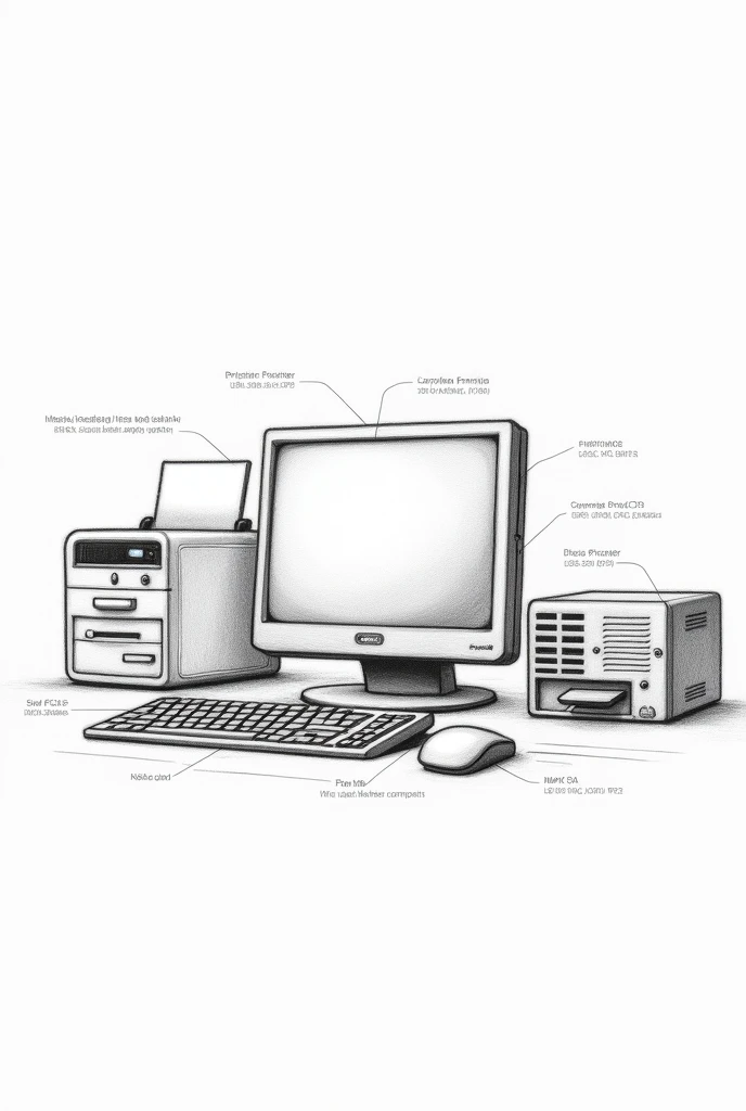 Use a pencil to Draw the computer and Printer label the parts of the computer according to Monitor, Mouse, Keyboard, Hard drive, Power supply, CPU (DRAW ONLY THE COMPUTER PARTS) add Computer Printer
