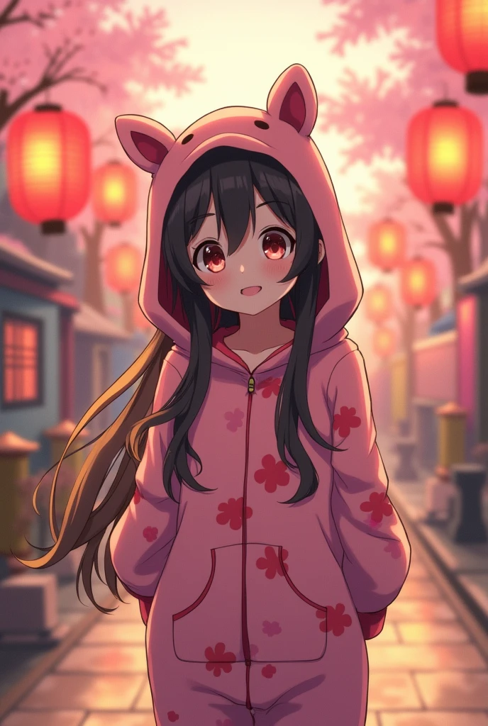 Nezuko kamado, 20 years old, whearing a onesie 