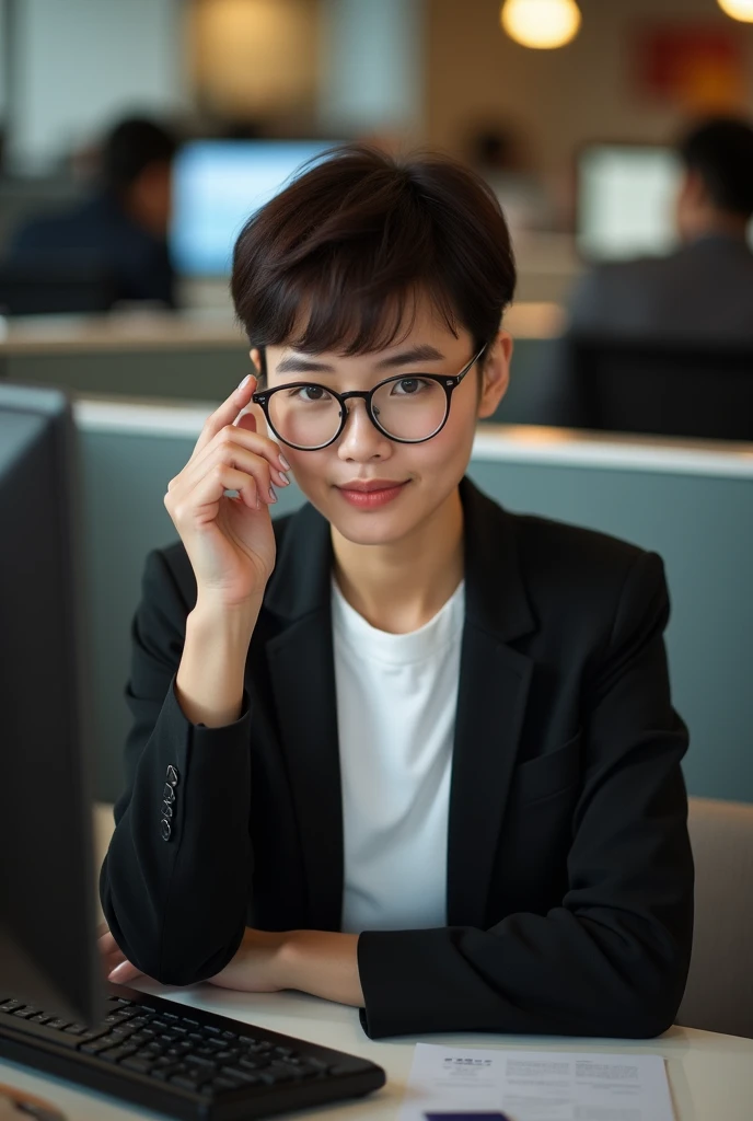Girl in an office cubicle, in a black jacket and a white blouse, with short hair, spectacled