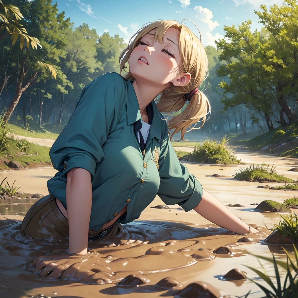 1girl, solo:1.5, masterpiece, best quality, high res, highly detailed, (illustration), beautiful detailed eyes, yuigahama yui, blonde hair ponytail, glossy lips, light makeup, orgasm, (looking up to the sky:1.5), (mouth open:1.2), intimate moment, school shirt, (quicksand:1.4), (submerged up to her torso), (from side:1.4), bog, swamp, grass, trees, (eyes closed:1.3), gasping expression,