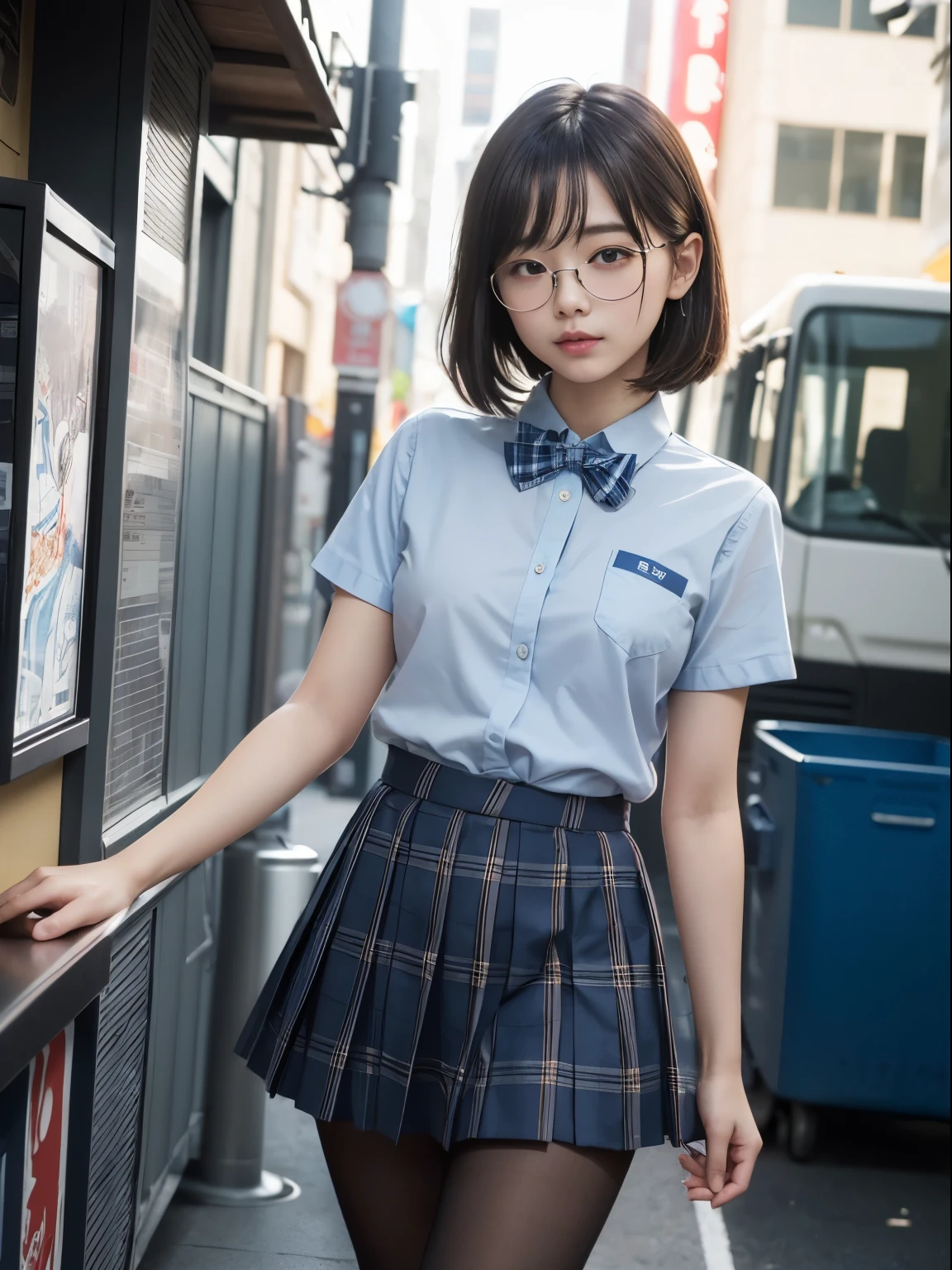 (8k、生photograph、 Highest quality、masterpiece:1.2)、(Bob cut hair)、(Small eyes)、((Black Pantyhose))、((Small breasts)、(Small breasts)、(Small breasts)、(Cutting board)、(Half an eye))、((Sleepy eyes))、((Squint your eyes))、(Round Glasses)、Droopy eyes、One person、cute、JK、high school girl、Japanese women、(Are standing)、(PhotoReactive:1.37)、Photon Mapping、Real、(Very delicate face)、round face、cute小さな顔、Brown eyes、(Red bow tie)、Radio City、Physically Based Rendering、Prospect、Character boundary depth、Blurred Background、photograph、、body、Beautiful feet、Long legs、Thin legs、(前hairが見える)、hair、lips、Blue_The目、Soft Nose、(Light blue shirt)、(Navy, blue and white plaid pleated skirt)、High school uniforms、See-through clothing、Thighs、black cotton socks、Nogizaka Idol、Japanese Idol