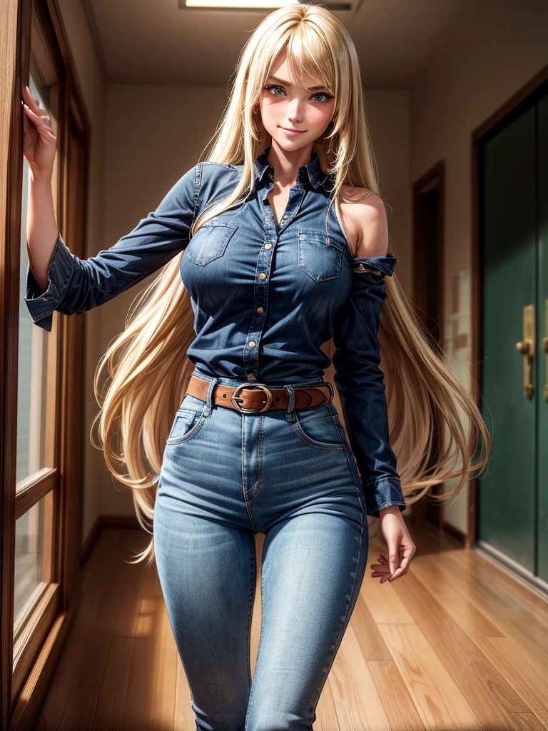 (8k, raw photo, Best Quality, maestro:1.2), (realist, fotorrealista:1.37), ultra detailed, 1 girl, beautiful, alone, Typical Japanese school hallway, with cabinets and classroom doors, (blush), (whole body: 1.1), (smile: 1.1), (shut up), big breasts, beautiful and delicate blue eyes, ( fitted blue shirt : 1.1), corse negrl, Dark brown leather belt with metal buckles, skinny jeans with high boots over jeans, (long blonde hair: 1.2), Wavy, Waist length hair, V-shaped side bangs, high contrast, Proporciones de whole body, (astride, stretch the legs, thin legs), Chest closeup.