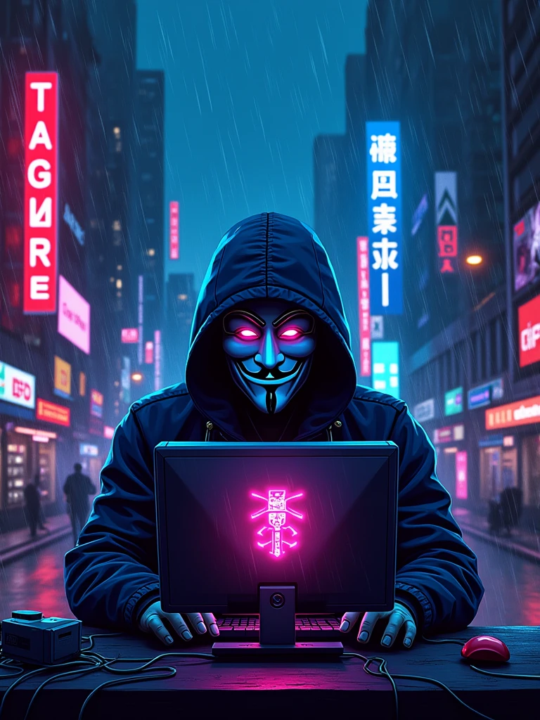 hacker wearing guy Fawkes masks gaming logo