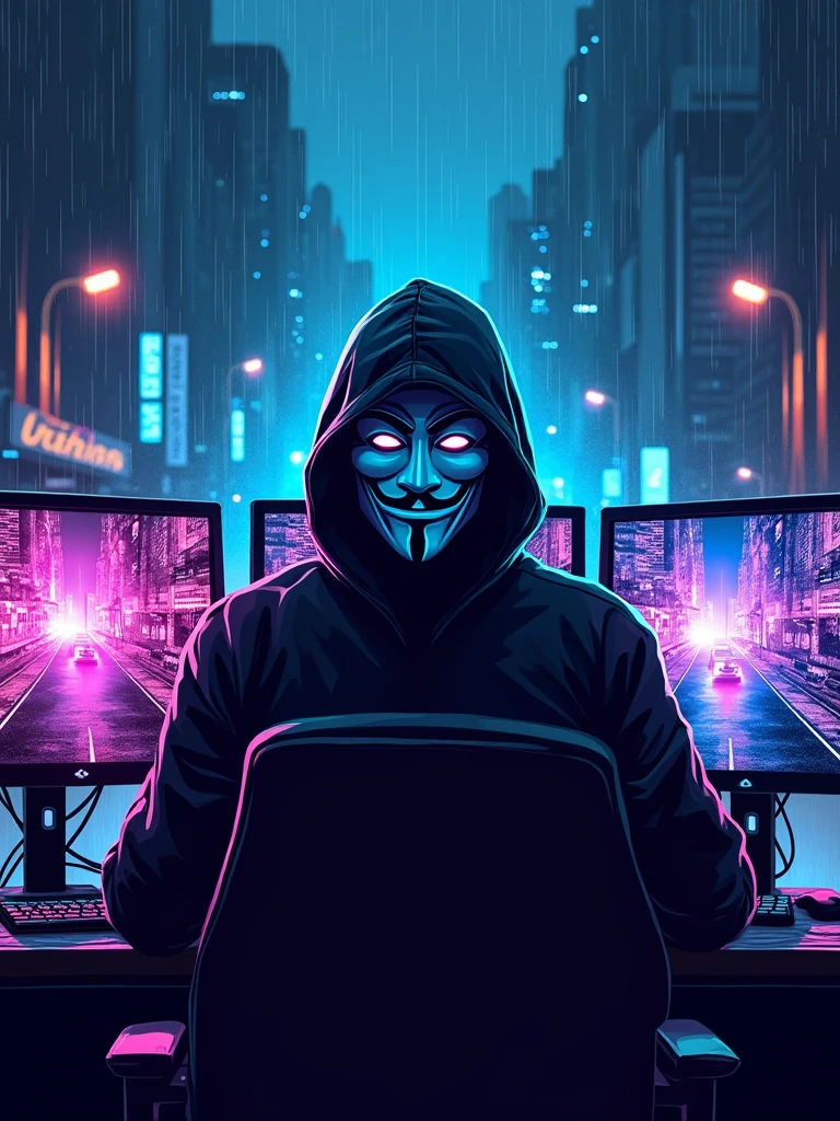 hacker wearing guy Fawkes masks gaming logo