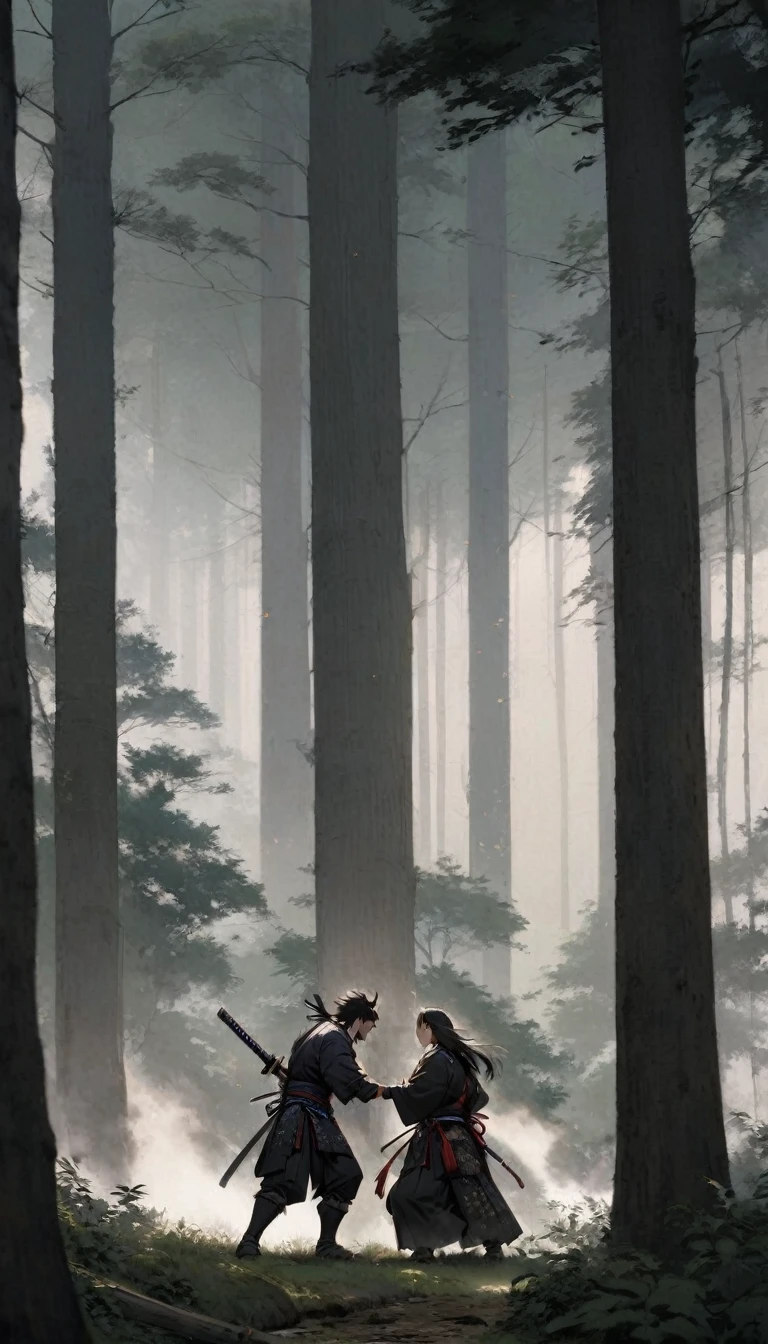"A dramatic standoff between a calm samurai and a trembling opponent, the samurai's hand resting on the hilt of his sheathed katana. The scene is set in a misty forest clearing, with tall trees towering overhead."