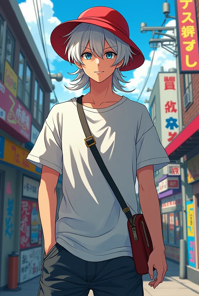 2d photo, white hair, black eyes, wearing a bucket hat, two block mulet hairstyle, male, idol, active, anime, carrying a crossbody bag