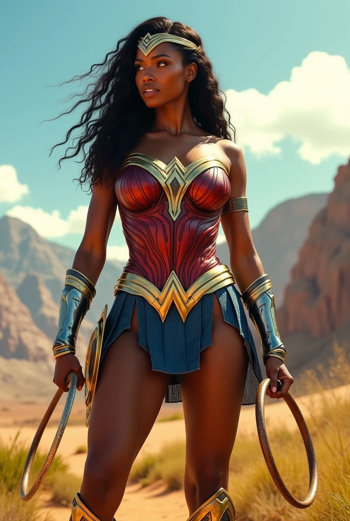 Wonder Woman, known as Wonder Woman, is an iconic comic book character from DC Comics who represents strength, courage and the fight for justice. Born among the Amazons, a warrior and wisdom-filled people located on the island of Themyscira, she is often portrayed as a black and African woman, bringing a new perspective to her story. With superhuman abilities and a deep sense of empathy, Wonder Woman is a defender of the oppressed and a symbol of female empowerment. Their armor is not only a symbol of protection, but also of resistance and beauty, reflecting their cultural heritage. With her lasso of truth and wand of wisdom, she faces adversity with determination, inspiring generations to fight for equality and justice in a world full of challenges.
