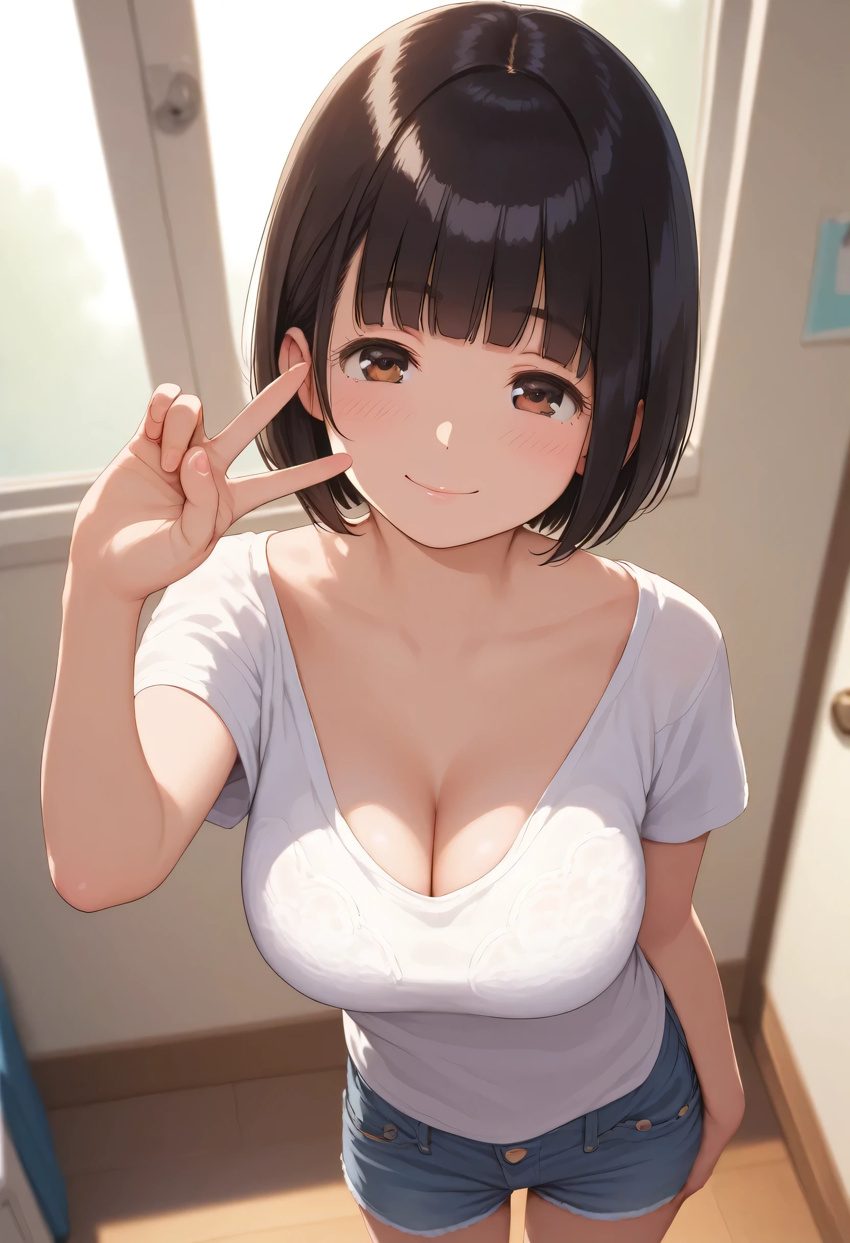 score_9,score_8_up,score_7_up,masterpiece,best quality, source anime, realistic, super detailed, extreme detailed, rating_safe,
1girl, solo, (selfie), from above, cleavage, v over eye,
BREAK 22yo, short hair, bob cut, (blunt bangs), black hair, (tareme, detailed cute brown eyes), curled eyelashes, (large breasts:0.9),
shiny hair, beautiful detailed eyes, beautiful face,
plain t-shirt, bra peek, denim shorts,
embarrassed, blush, seductive smile, half-closed eyes,
bedroom,