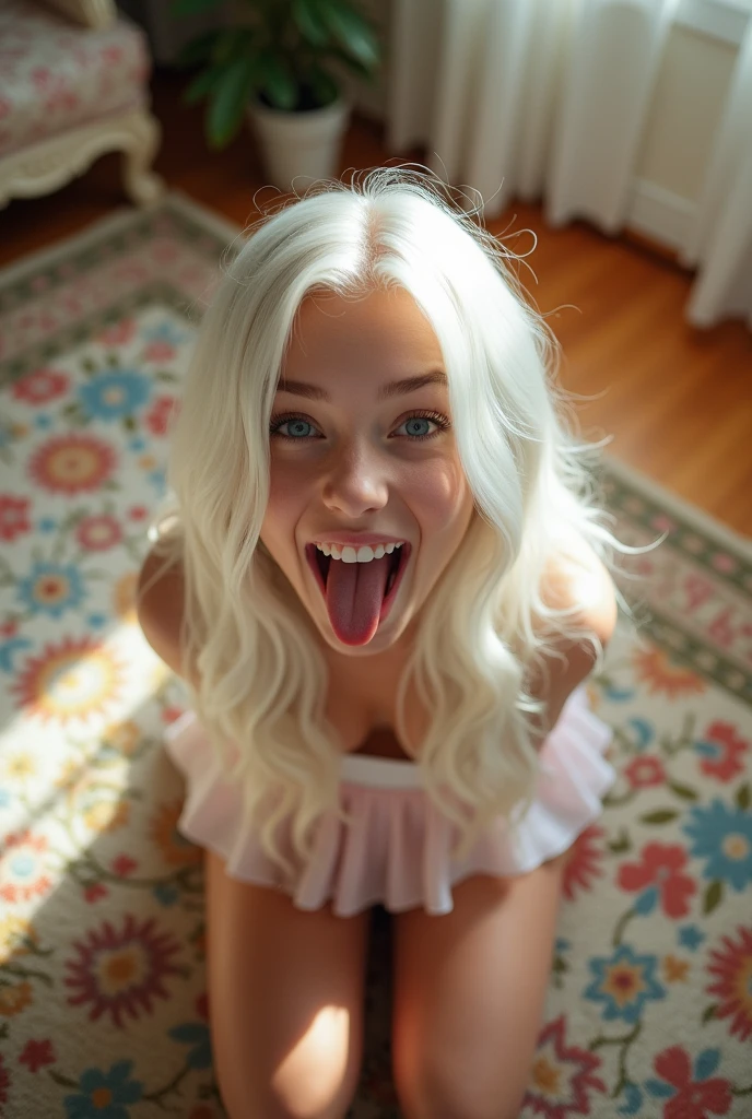 Beautiful, white younger teen, kneeling on carpet, long hair, (mouth very wide open and tongue sticking out), wearing very short skirt, ((top down view))