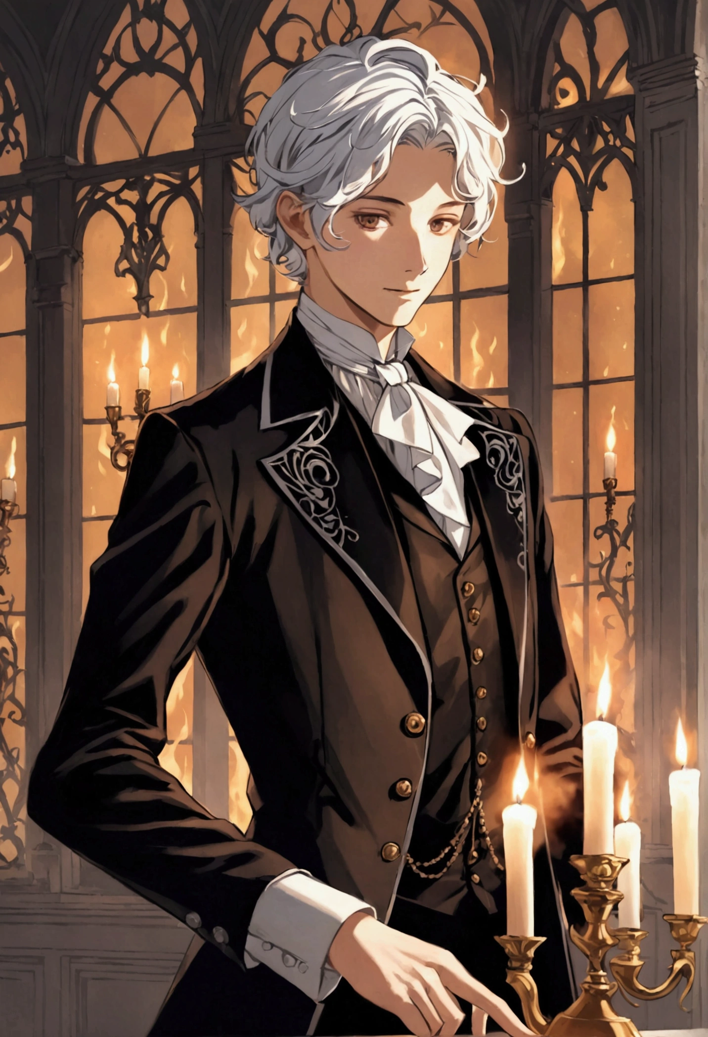 Pale Victorian ghost boy dancing with a candelabra in his hand, a scene rich in detail, the clothes flutter amid the flames 