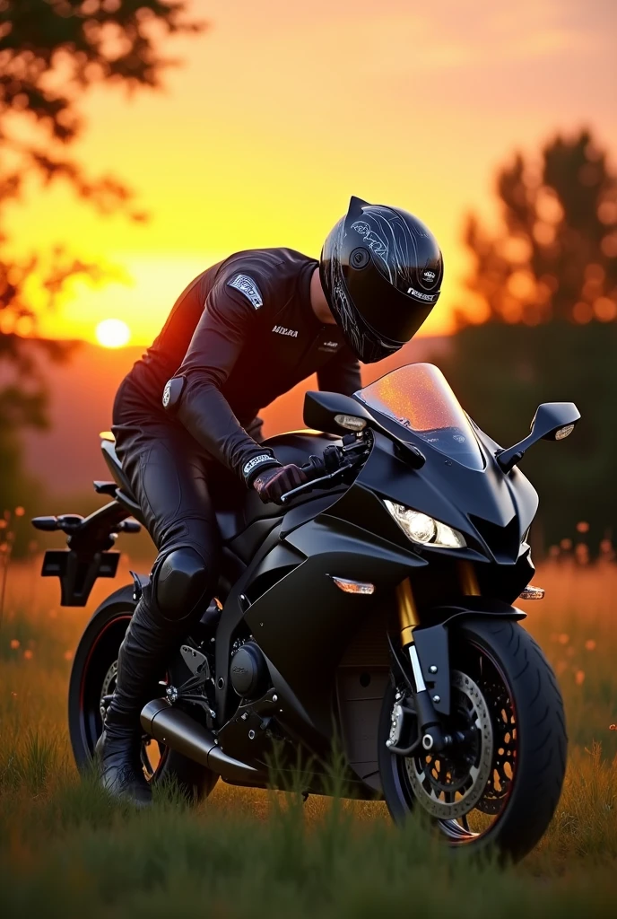 A biker who is in his full suit and helmet and keeping his head on his motorbike Ninja Zx10r showing love faith emotion for it. In the background there must be a natural vibe and the time should be on sunset