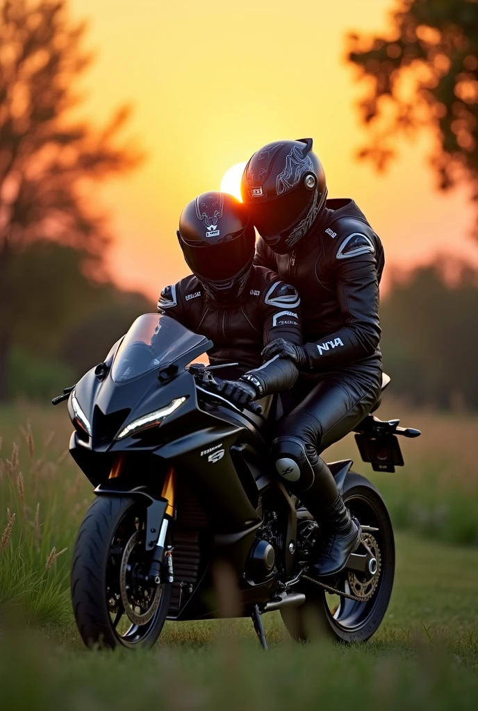 A biker who is in his full suit and helmet and keeping his head on his motorbike Ninja Zx10r showing love faith emotion for it. In the background there must be a natural vibe and the time should be on sunset