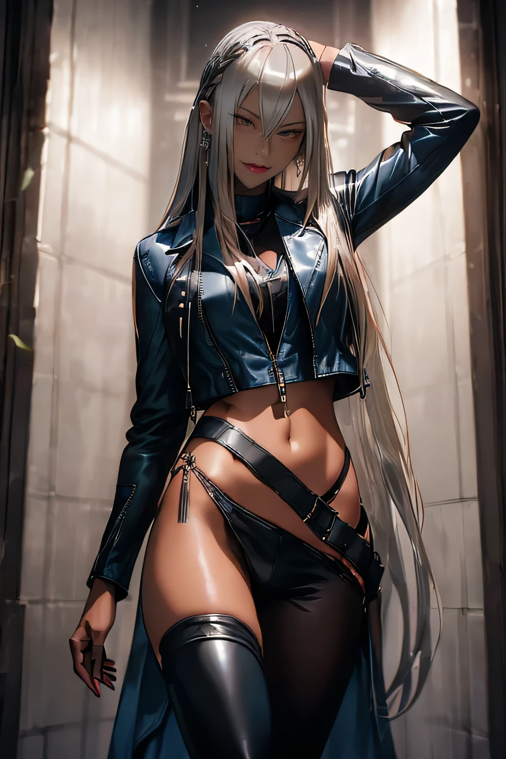 (Long silver hair:1.5),Beautiful 25 year old Indian female vampire mercenary, (dark skin:1.5), (blue leather jacket:1.3),(Wear skinny black pants;1.3),  front view, Shot to the waist, dynamic pose, ambient lighting, photorealism, complex facial details, Exquisite handcrafted details, very detailed, bright colors, cinematic, a high resolution, Popular Raw style on Artstation