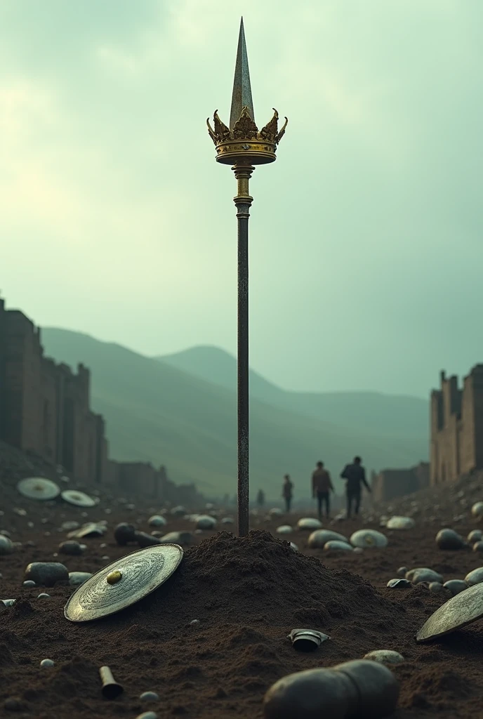 An old battlefield with a golden crown hanging by the egde on the spear at the center