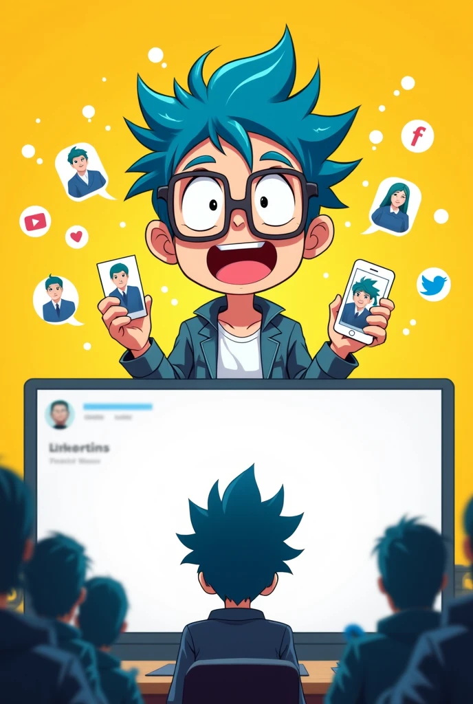 Create a picture of a LinkedIn algorithm viraling your posts when you engage with people and at the same another another picture with a post that has no views because you are not engaging with people. The background color should be yellow. I want an anime or something 