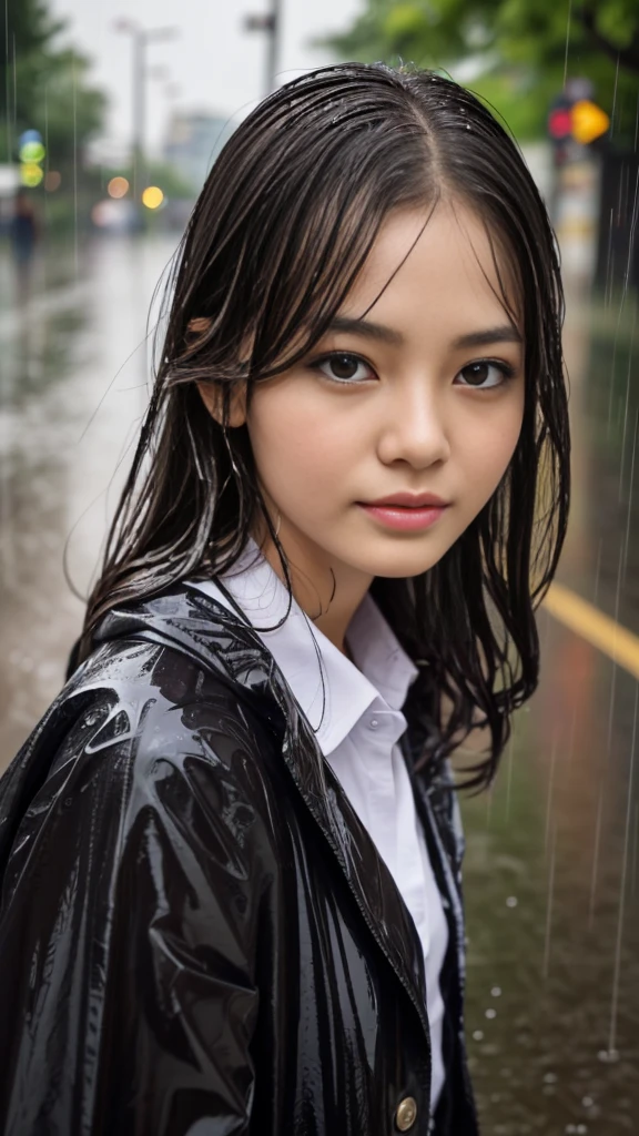 (Highest quality, 4K, masterpiece :1.Beautiful woman, 1 person, (, Attractive body :1.2), Dark brown hair: 1.1, ((Wet from rain, Wet by rain, Wet :1.2)), Highly detailed face, Detailed lips, Delicate eyes, double eyelid, 、school uniform,白いLarge umbrellaさして、Evening in the city、Large umbrella