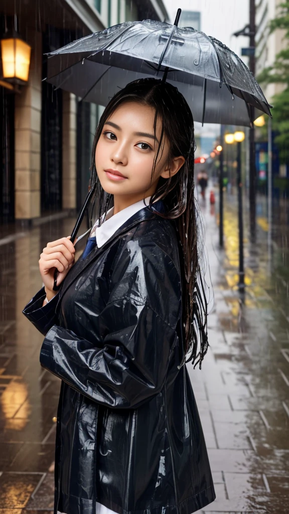 (Highest quality, 4K, masterpiece :1.Beautiful woman, 1 person, (, Attractive body :1.2), Dark brown hair: 1.1, ((Wet from rain, Wet by rain, Wet :1.2)), Highly detailed face, Detailed lips, Delicate eyes, double eyelid, 、school uniform,白いLarge umbrellaさして、Evening in the city、Large umbrella