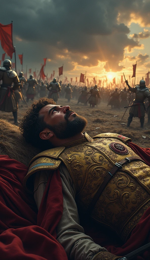 illustrates a 50-year-old king who was stabbed by an enemy&#39;s sword because he was defeated on the battlefield 