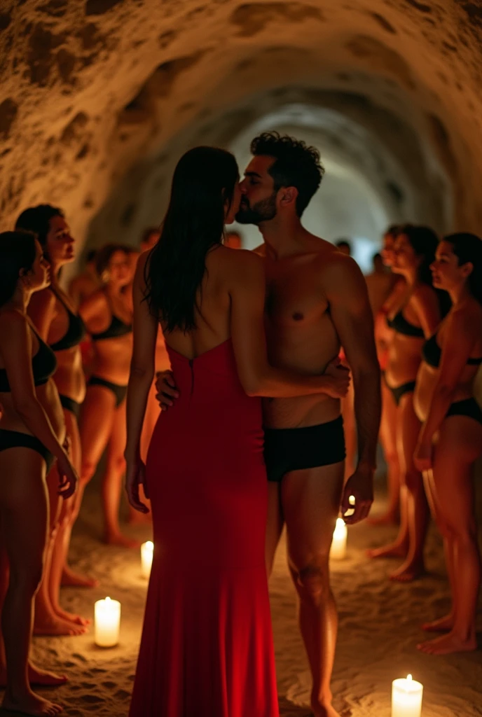 A women curvy hourglass body, wearing red Bardot dress, in wedding, where everyone is wearing black bikini, muscular Hindu pandit in black underwear, kissing together. In a cave