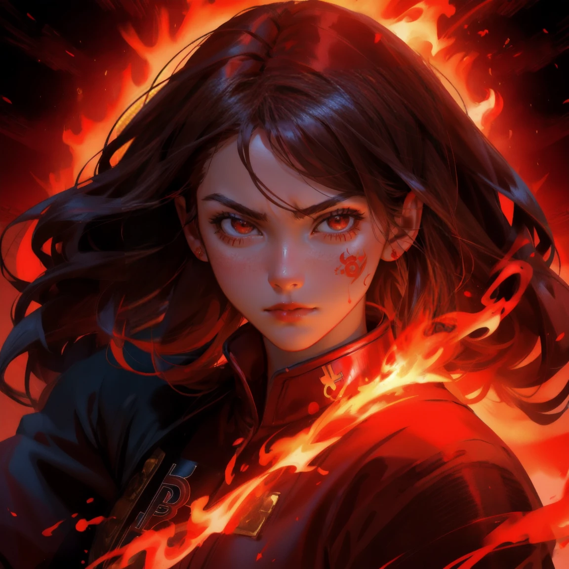 red-themed dynamic scene featuring a girl alongside a ape. Both are shown in a moment of determination and power, with fierce expressions and strong poses. The background is filled with fire, smoke, and mystical symbols, bitcoin symbols, maintaining an intense and magical environment.