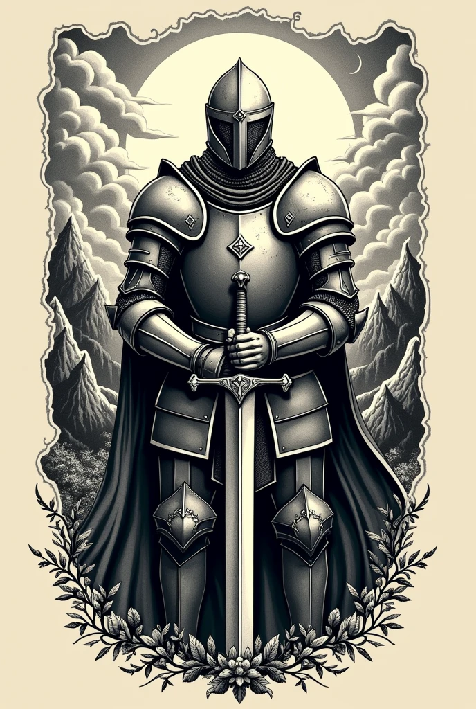 Woodcut stencil style tattoo of a knight with his sword