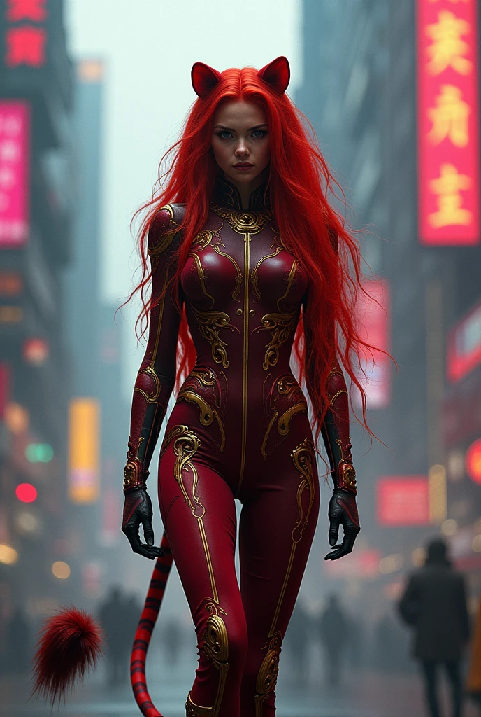 singularity　cyberpunk　mechanic　HYBRID LION WOMAN WITH HUMAN FACE AND LION HOLES SHE HAS FUTURISTIC COMBAT CLOTHES LIKE IN EVANGELION BUT DARK RED WITH GOLDEN DETAILS SHE HAS A LION TAIL WITH RED AND DARK STRIPES SHE HAS LONG REDISH HAIR.
realist. 4k. Fiction, cinematographic 