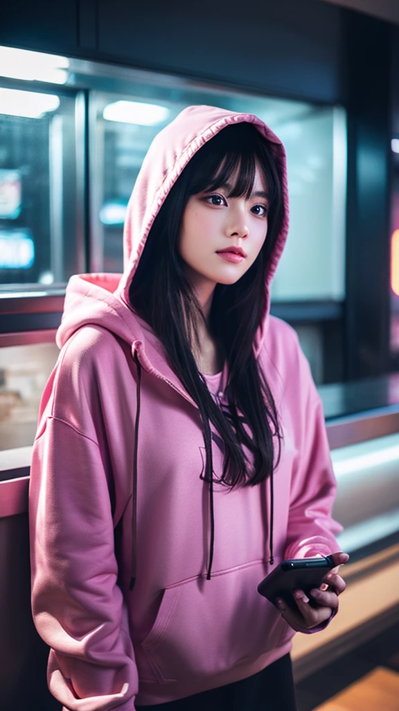 a beautiful woman that is looking at her modern cell phone, hyper detailed face, artwork in the style of guweiz, hyper-realistic cyberpunk style, realistic digital art 4k, realistic digital art 4k, beautiful digital artwork, photorealistic artstyle, beautiful girl in mix pink and purble hoodie, stunning digital illustration, classic style, hyperrealistic, realistic artstyle, dreamy fantasy girl, unbelievable, max resolution, 48K