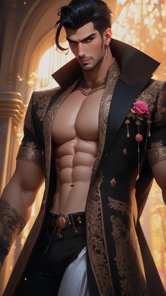 (absurdres, highres, ultra detailed), 1 male, solo, beautiful, handsome, tall muscular guy, smooth skin, sexy gaze, mature, verious red and pink roses around him, the man is standing comfortably in the roses, from directly above, gorgeous, wet, model pose, colorful, artistic, depth of field, focus on his calm facial features, elegant look, looking at the viewers romantically, shirtless, bare body, wearing winter coat,