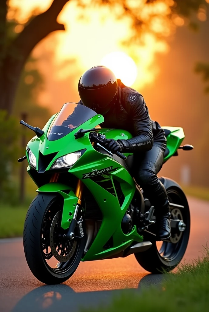 A biker who is in his full suit and helmet and keeping his head on his motorbike Ninja Zx10r showing love faith emotion for it. In the background there must be a natural vibe and the time should be on sunset