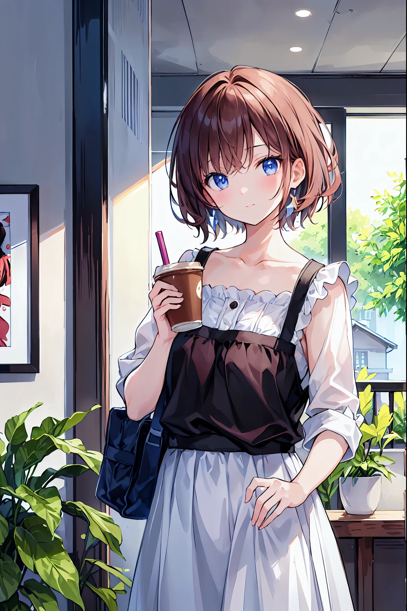 masterpiece, Highest quality, One Girl, beautiful girl，Upper body,,short hair, , , Casual clothing, Frills, Plein Air、Inside the room、relax、Drink coffee、Focus on the face、The viewer is the viewer&#39;s gaze，Brown Hair，Messy Hair，Slender beauty，Beautiful feet，A charming smile，Neat and clean sister